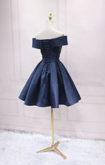 Homecoming Dresses Simple, Navy Blue Satin Off Shoulder Bridesmaid Dress Party Dress, Short Prom Dress