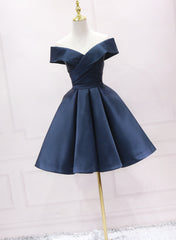 Homecoming Dress Simple, Navy Blue Satin Off Shoulder Bridesmaid Dress Party Dress, Short Prom Dress