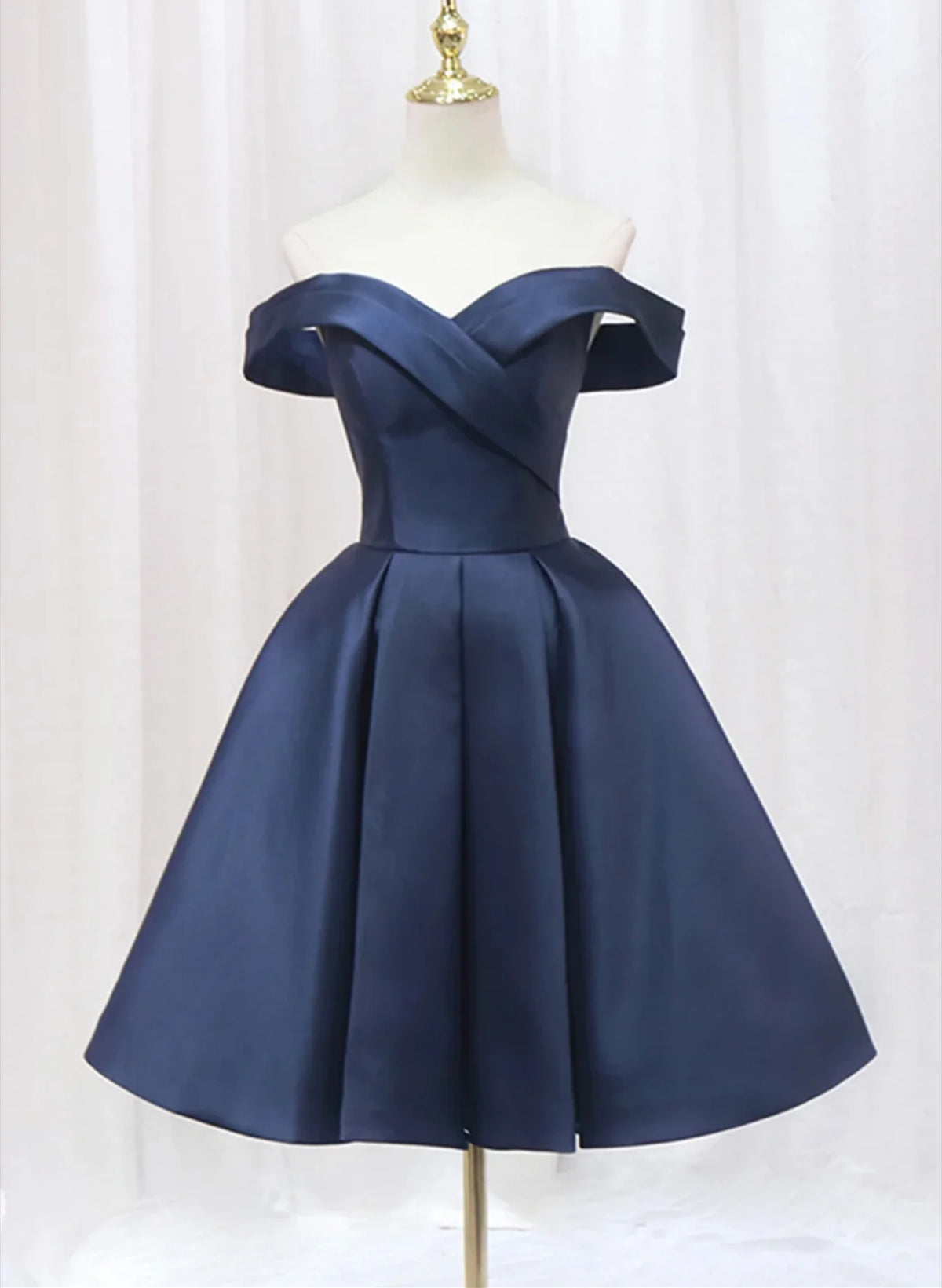 Bridesmaid Dresses Trends, Navy Blue Satin Off Shoulder Knee Length Party Dress, Navy Blue Homecoming Dress