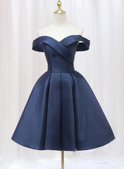 Bridesmaid Dresses Trends, Navy Blue Satin Off Shoulder Knee Length Party Dress, Navy Blue Homecoming Dress