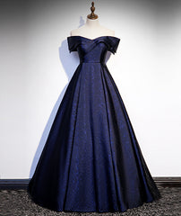 Beauty Dress, Navy Blue Satin Off Shoulder Long Prom Dress, Blue A-line Formal Dress, Evening Dress