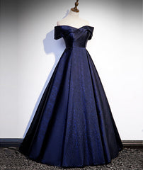 Slip Dress, Navy Blue Satin Off Shoulder Long Prom Dress, Blue A-line Formal Dress, Evening Dress