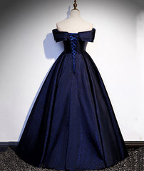 Cute Prom Dress, Navy Blue Satin Off Shoulder Long Prom Dress, Blue A-line Formal Dress, Evening Dress