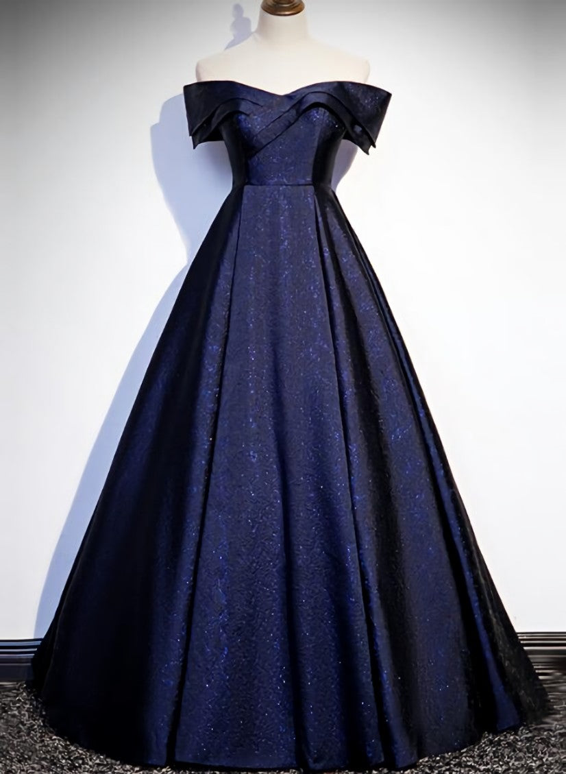 Dusty Blue Bridesmaid Dress, Navy Blue Satin Off Shoulder Long Prom Dress, Blue A-line Formal Dress, Evening Dress