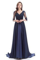 Formal Dress Cheap, Navy Blue Satin V-neck Short Sleeve Beading Prom Dresses