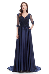 Formal Dress Black Dress, Navy Blue Satin V-neck Short Sleeve Beading Prom Dresses