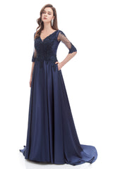 Formal Dress Classy, Navy Blue Satin V-neck Short Sleeve Beading Prom Dresses