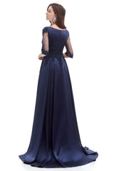 Formal Dressed Long Gowns, Navy Blue Satin V-neck Short Sleeve Beading Prom Dresses