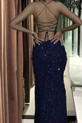 Navy Blue Sequin Long Prom kjoler Mermaid Cross Back Evening Party kjoler