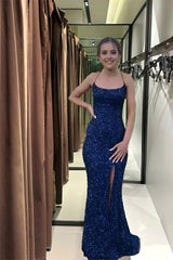 नेवी ब्लू सेक्विन लॉन्ग प्रोम ड्रेसेस मरमेड क्रॉस बैक इवनिंग पार्टी ड्रेस