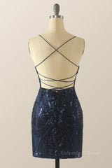 Homecoming Dresses Knee Length, Navy Blue Sequin Pattern Tight Mini Dress