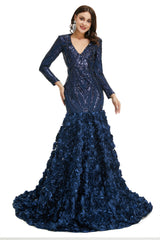 Prom Dresses Websites, Sequins Mermaid Long V Neck Prom Dresses Full Sleeve