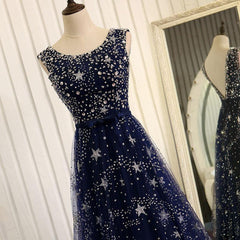 Prom Dress Blush, Navy Blue Shiny Tulle A-line Round Neckline Long Party Dress, Blue Prom Dresses