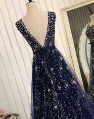 Prom Dresses Blushes, Navy Blue Shiny Tulle A-line Round Neckline Long Party Dress, Blue Prom Dresses
