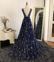 Prom Dresses 2029 Long Sleeve, Navy Blue Shiny Tulle A-line Round Neckline Long Party Dress, Blue Prom Dresses