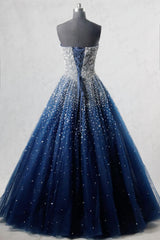 Silk Dress, Navy Blue Strapless Floor Length Prom Ball Gown with Beading Sequins, Prom Dresses,Formal Dresses