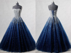 Classy Dress, Navy Blue Strapless Floor Length Prom Ball Gown with Beading Sequins, Prom Dresses,Formal Dresses