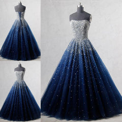 Semi Formal Dress, Navy Blue Strapless Floor Length Prom Ball Gown with Beading Sequins, Prom Dresses,Formal Dresses