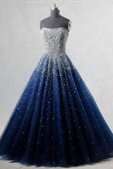 Light Blue Prom Dress, Navy Blue Strapless Floor Length Prom Ball Gown with Beading Sequins, Prom Dresses,Formal Dresses