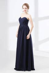 Formal Dress Party Wear, Navy Blue Sweetheart High Waist Chiffon Pleats Bridesmaid Dresses