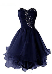 Bridesmaids Dress Long, Navy Blue Sweetheart Short Homecoming Dress, Sparkly Crystal Organza Short Formal Dress