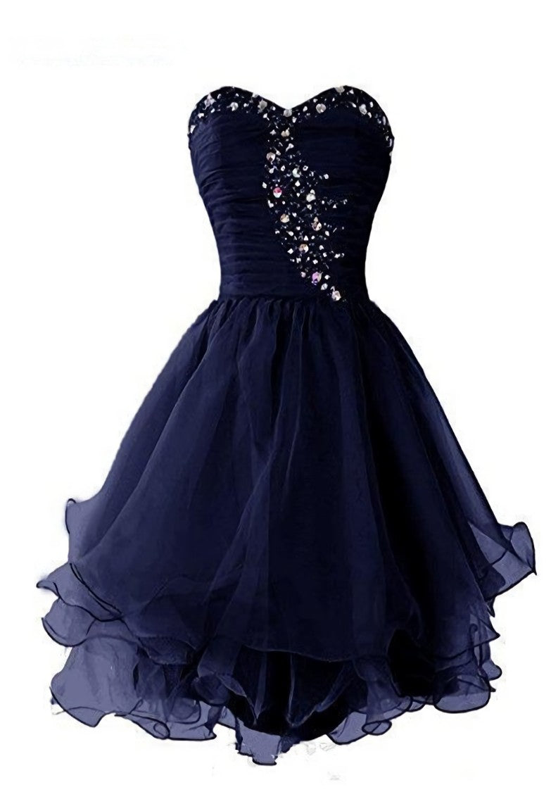 Bridesmaid Dress Styles, Navy Blue Sweetheart Short Homecoming Dress, Sparkly Crystal Organza Short Formal Dress