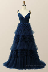 Flowy Dress, Navy Blue Tiered Ruffle Long Ball Gown with Straps