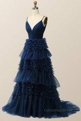 Bow Dress, Navy Blue Tiered Ruffle Long Ball Gown with Straps