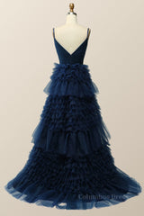 Semi Formal, Navy Blue Tiered Ruffle Long Ball Gown with Straps