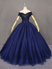 Bridesmaid Dress Affordable, Navy Blue Tulle Beaded Ball Gown Sweet 16 Dress, Blue Tulle Prom Dress Party Dress