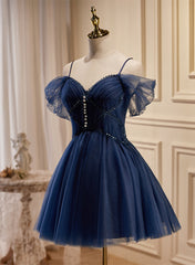 Formal Dress Outfit Ideas, Navy Blue Tulle Beaded Short Prom Dress, Blue Tulle Off Shoulder Homecoming Dress