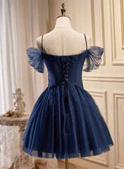 Formal Dresses Outfit Ideas, Navy Blue Tulle Beaded Short Prom Dress, Blue Tulle Off Shoulder Homecoming Dress