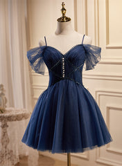 Formal Dress Attire, Navy Blue Tulle Beaded Short Prom Dress, Blue Tulle Off Shoulder Homecoming Dress
