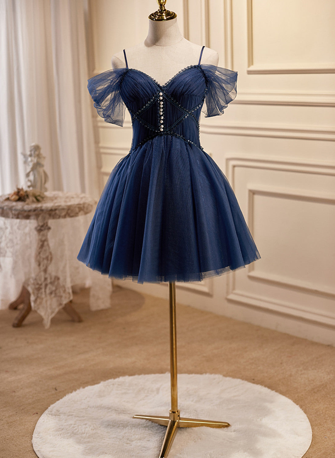 Formal Dress Elegant, Navy Blue Tulle Beaded Short Prom Dress, Blue Tulle Off Shoulder Homecoming Dress