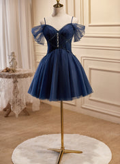 Formal Dress Elegant, Navy Blue Tulle Beaded Short Prom Dress, Blue Tulle Off Shoulder Homecoming Dress