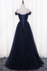 Prom Dresses Brands, Navy Blue Tulle Long Party Dress, Simple Off Shoulder Blue Bridesmaid Dress