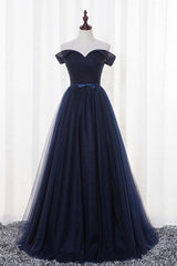 Prom Dresses Brand, Navy Blue Tulle Long Party Dress, Simple Off Shoulder Blue Bridesmaid Dress