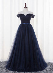 Prom Dress Stores Near Me, Navy Blue Tulle Long Party Dress, Simple Off Shoulder Blue Bridesmaid Dress