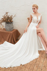 Wedding Dresses Sleeved, Neck Lace Top White Wedding Dresses with Slit