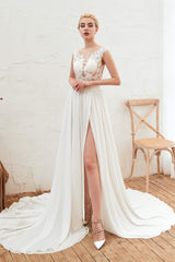 Wedding Dresses Sleeve, Neck Lace Top White Wedding Dresses with Slit