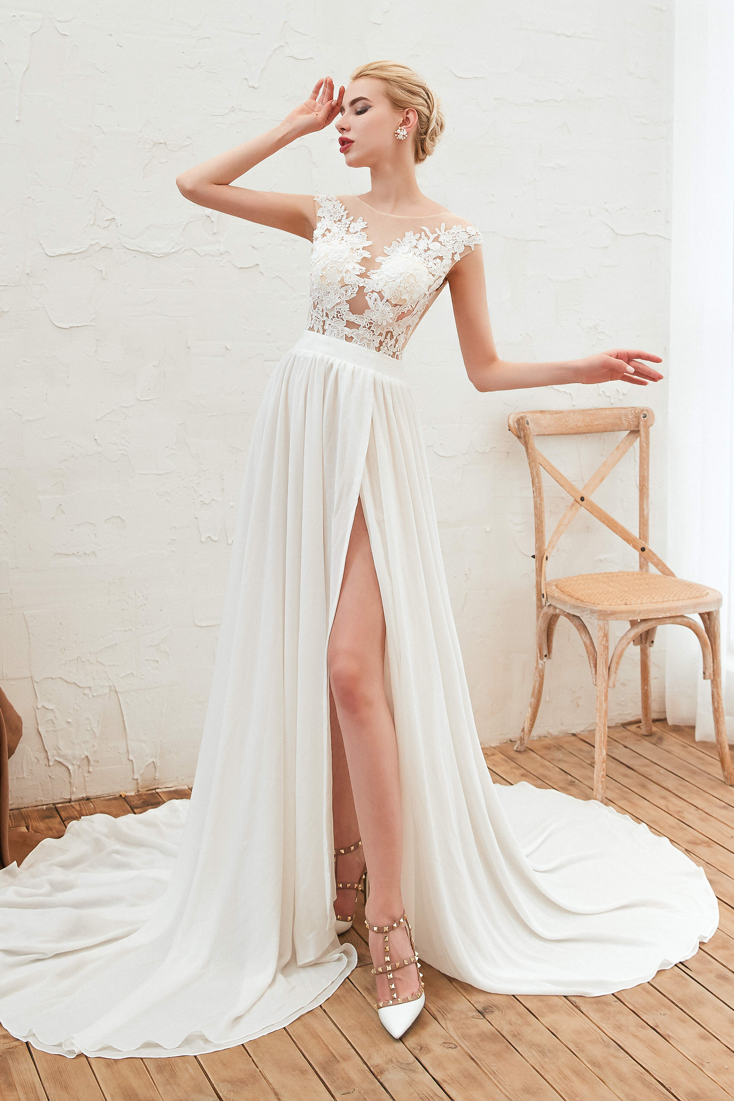 Wedding Dress Chic, Neck Lace Top White Wedding Dresses with Slit