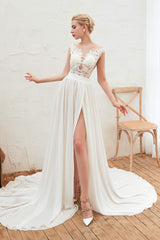 Wedding Dress Sleevs, Neck Lace Top White Wedding Dresses with Slit
