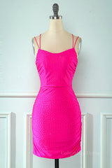 Bridesmaid Dresses Fall Colors, Neon Pink Beaded Tight Mini Dress