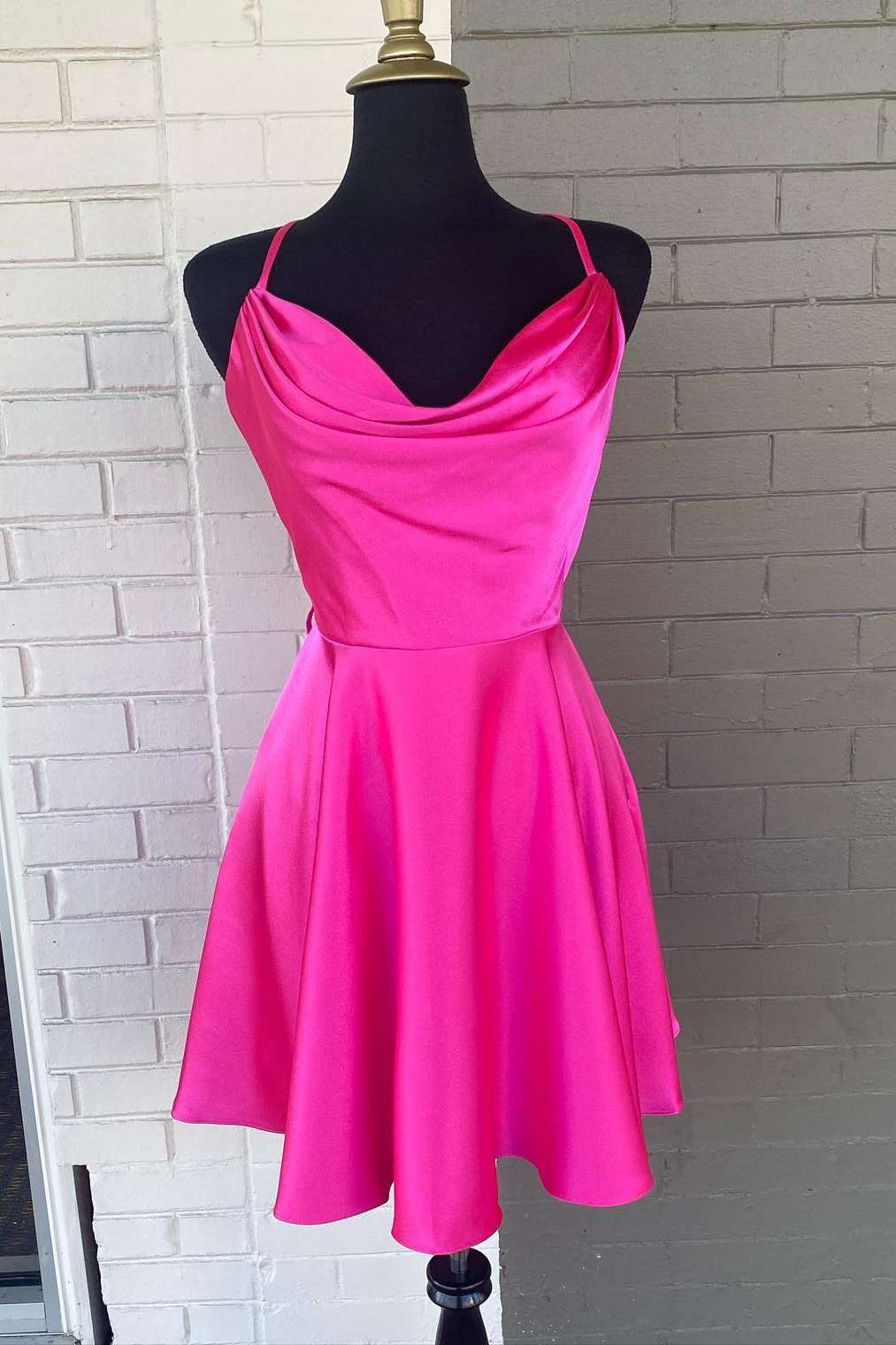 Homecomming Dresses Cute, Neon Pink Lace-Up A-Line Satin Homecoming Dress,Night Dress Party Short