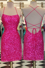 Homecoming Dresses Baby Blue, Neon Pink Sequin Bodycon Mini Homecoming Dresses