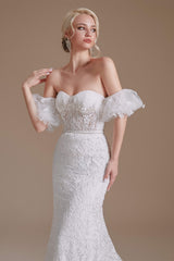 Wedding Dress For Big Bust, Sweetheart Puff Sleeve Off the Shoulder Lace Long Wedding Dresses
