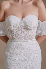 Wedding Dresses For Big Bust, Sweetheart Puff Sleeve Off the Shoulder Lace Long Wedding Dresses