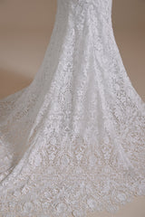 Wedding Dress Rustic, Sweetheart Puff Sleeve Off the Shoulder Lace Long Wedding Dresses