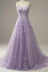 Party Dresses Long Sleeved, Light Purple Lace Applique A Line Spaghetti Straps Prom Dress Evening Gown