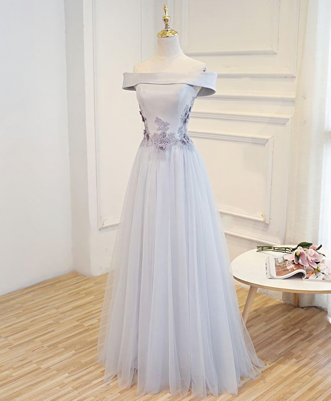 Evening Dress Shopping, Gray A Line Off Shoulder Floor Length Prom Dress, Lace Evening Dress